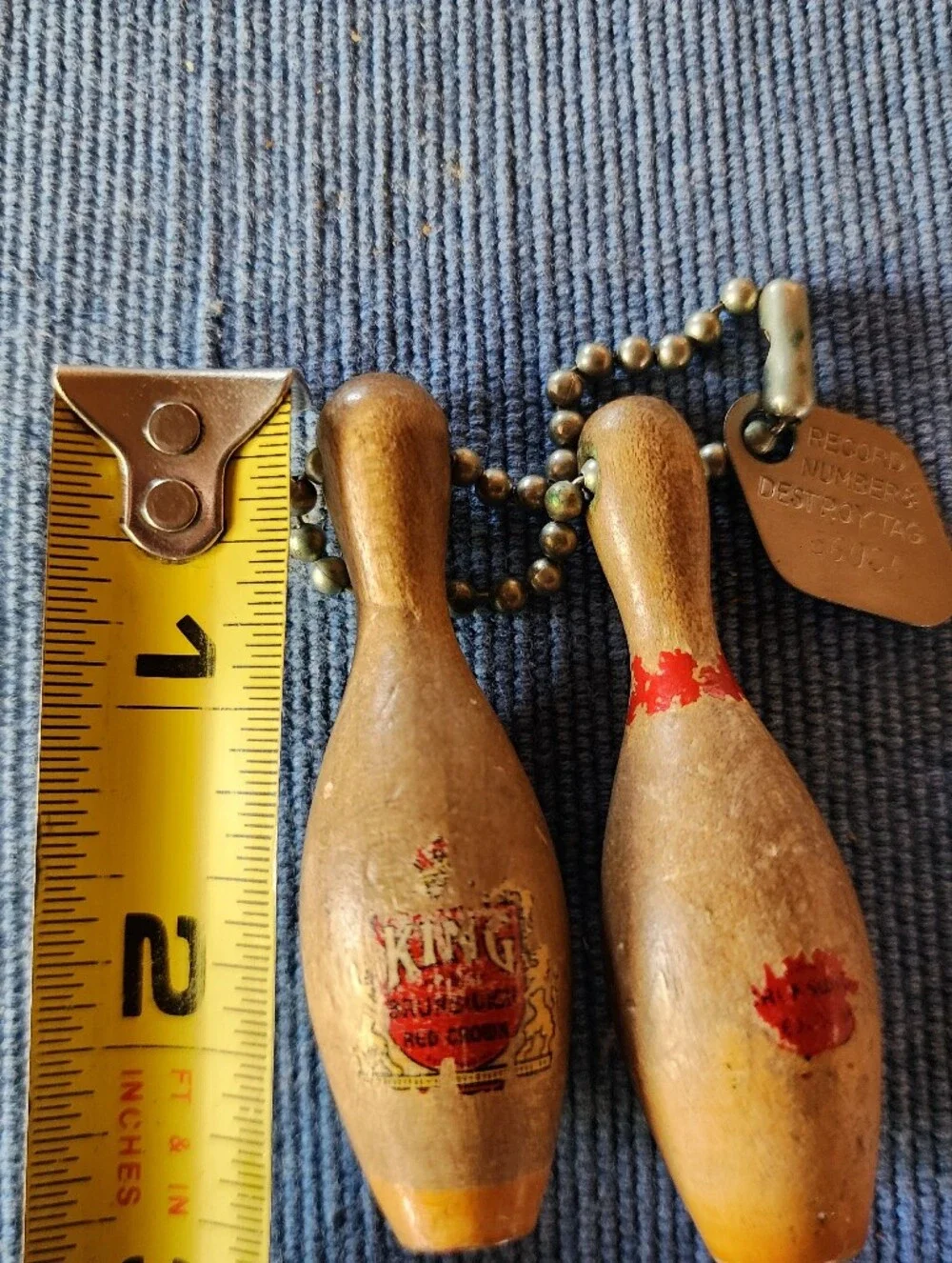 Vintage King Red Crown Brunswick Wooden Mini Bowling Pin Keychain Set.